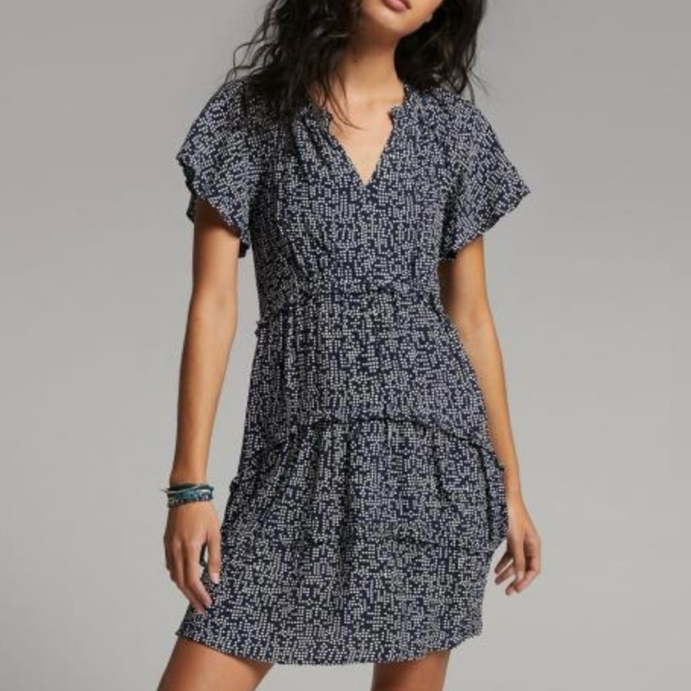 Anthropologie Robin Tiered Short‎ Sleeve
Mini Dress Navy Blue Dots Sz. XS